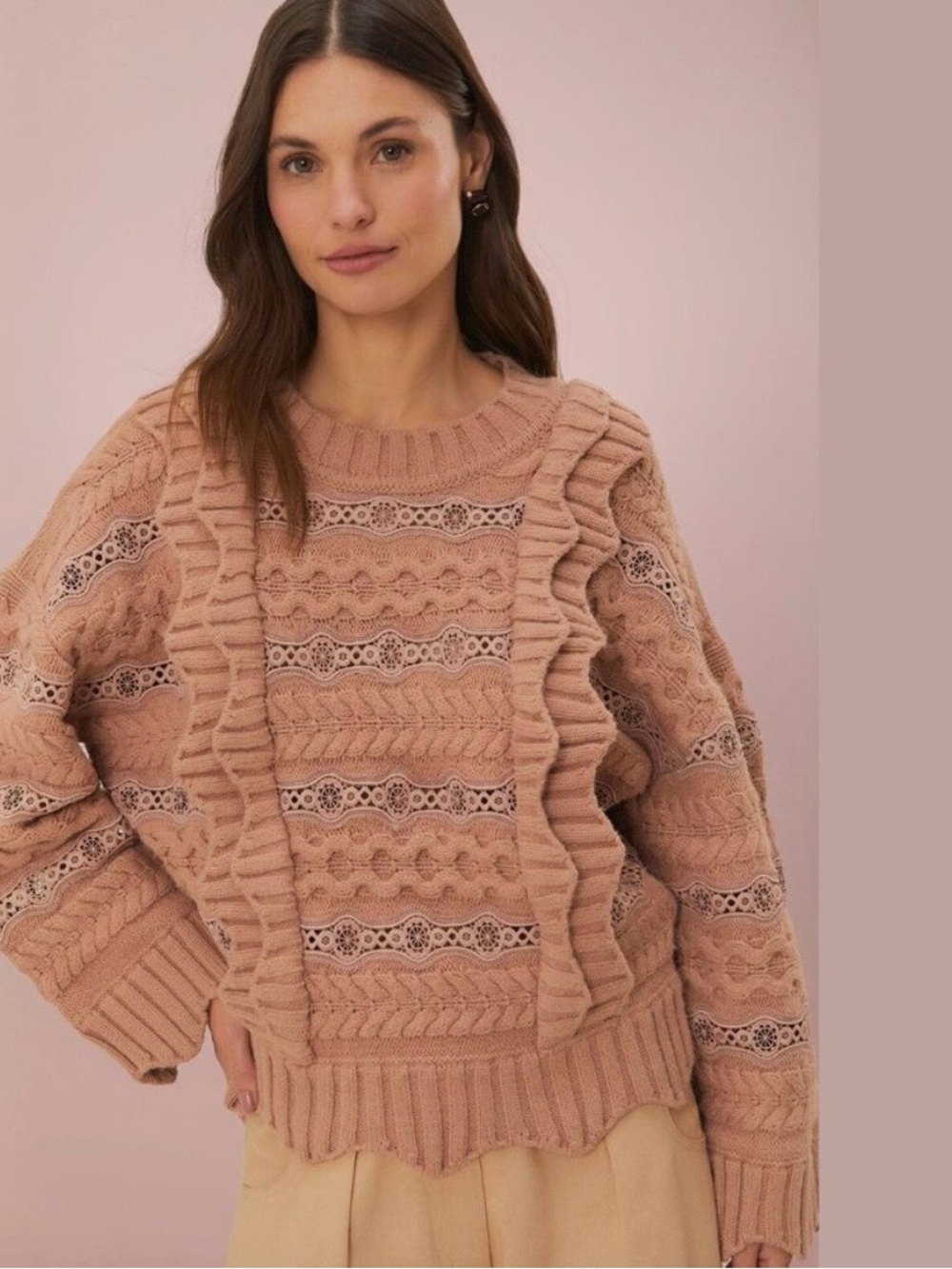 FARM Rio Dusty Rose Ruffle Cable-Knit Sweater
